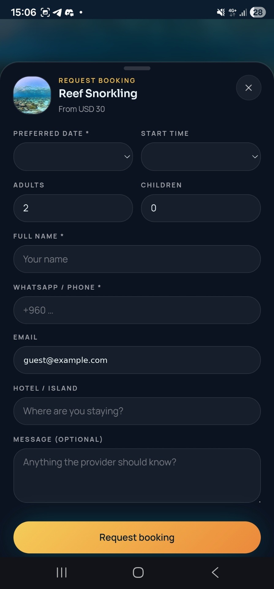 Tourist booking request form on EXCURSIONS.MV